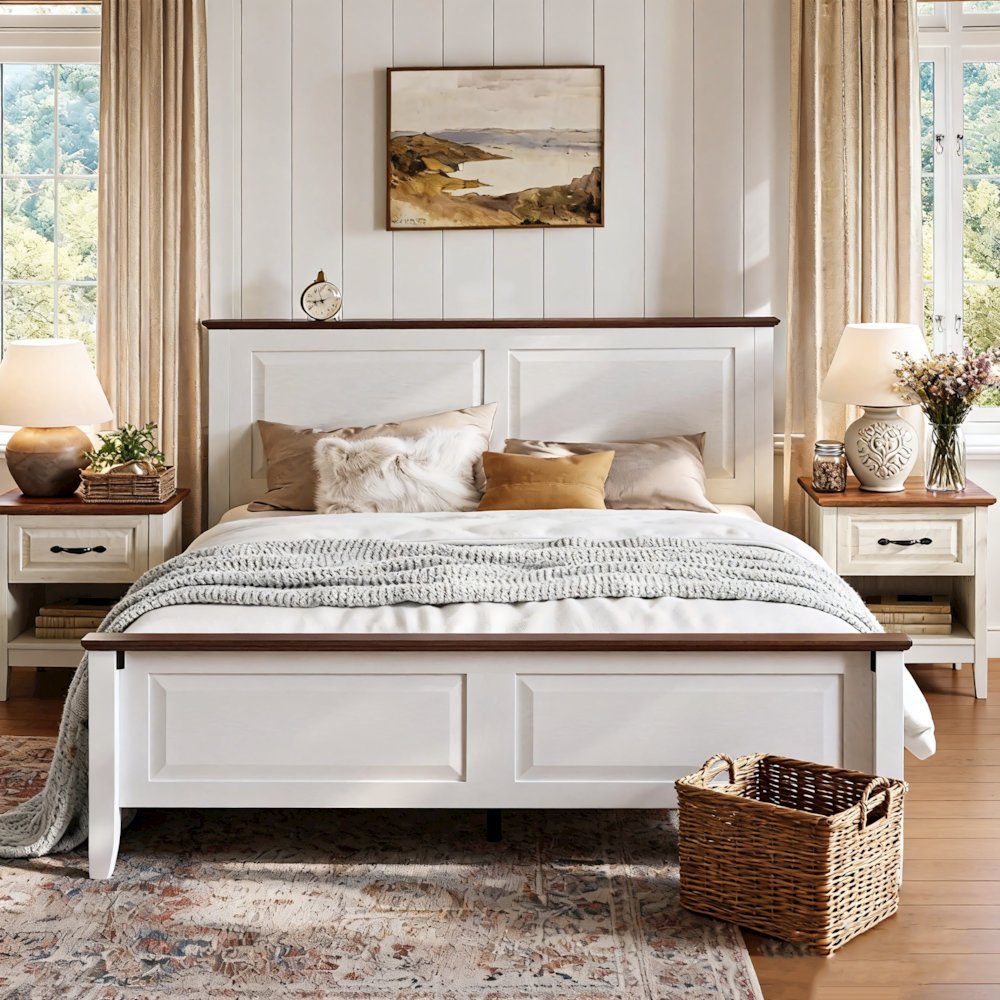 Rustic Queen Bed Frame with Headboard & Footboard, Wooden Platform, White