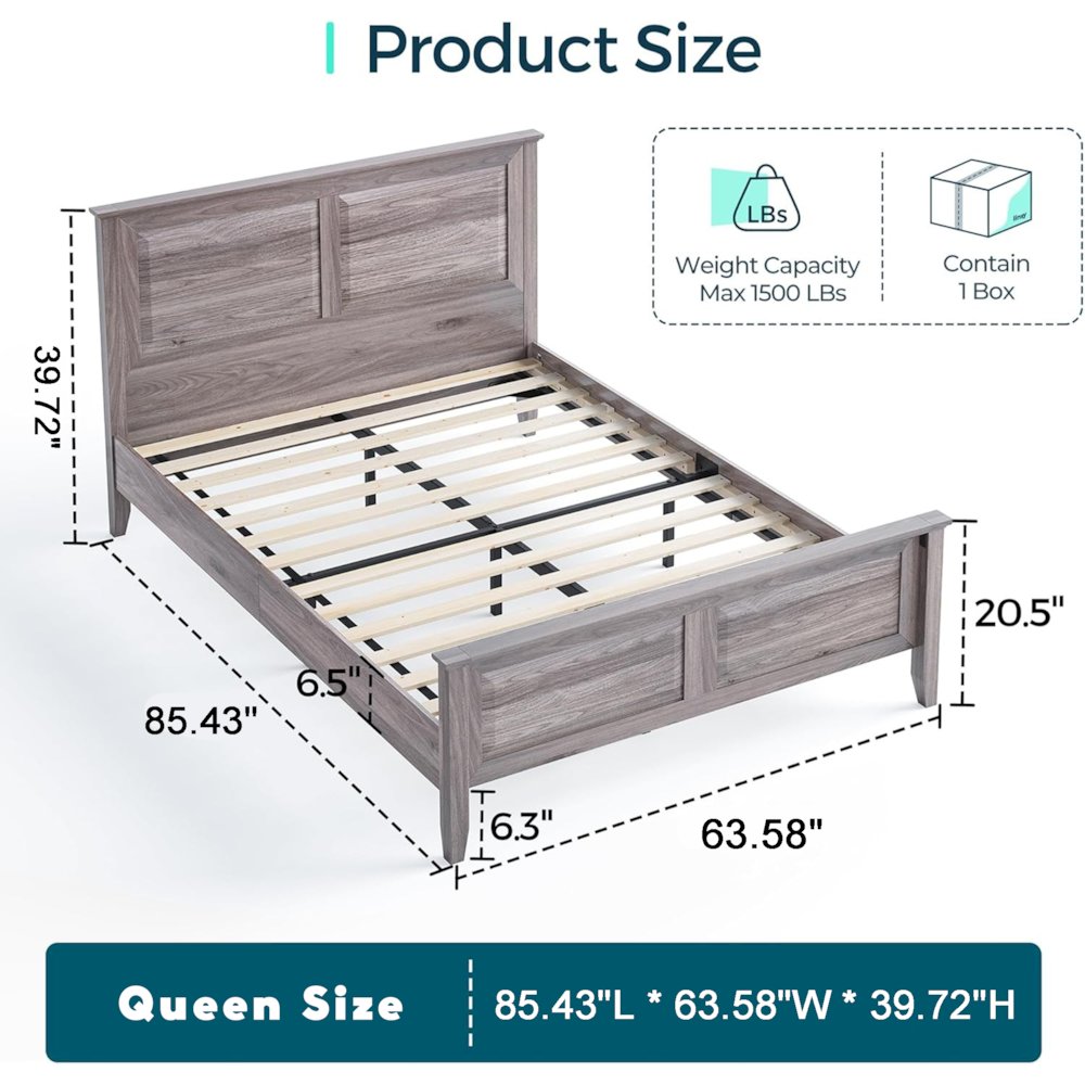 Rustic Queen Bed Frame with Headboard & Footboard, Wooden Platform, Grey