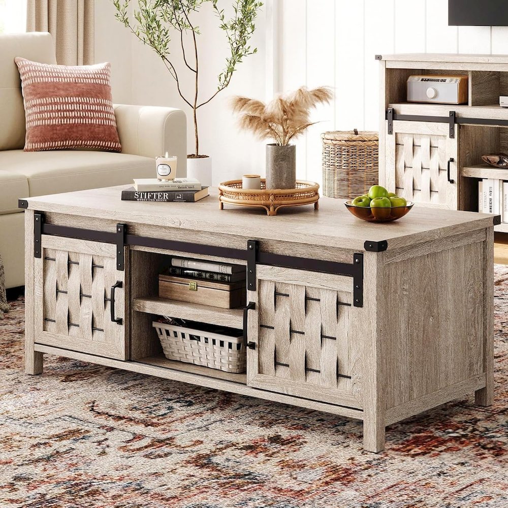 47.24" Farmhouse Coffee Table with Storage & Sliding Barn Doors,Light Gray