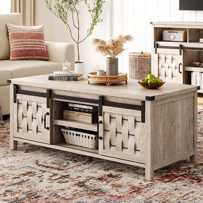 47.24" Farmhouse Coffee Table with Storage & Sliding Barn Doors,Light Gray