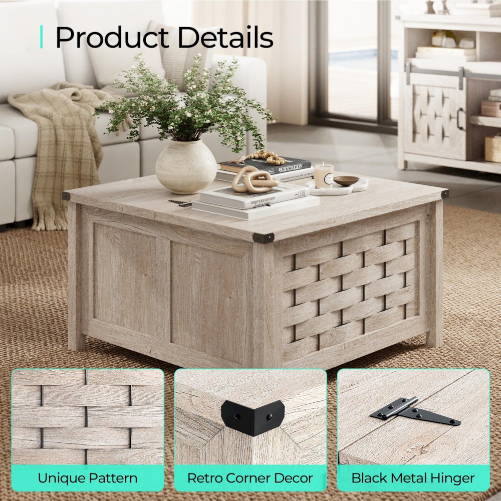 Square Farmhouse Coffee Table with Hidden Storage Compartment,Light Gray