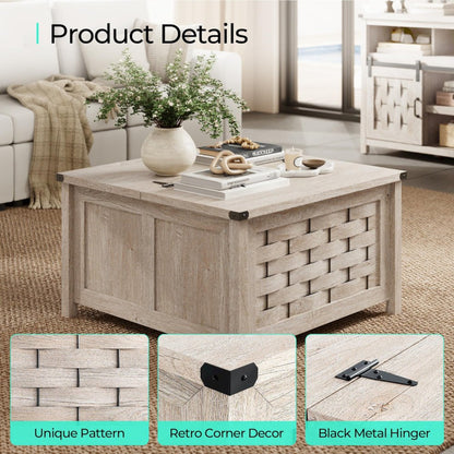 Square Farmhouse Coffee Table with Hidden Storage Compartment,Light Gray