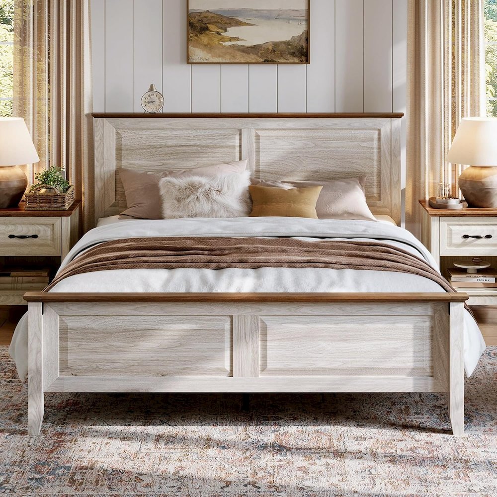 Rustic Queen Bed Frame with Headboard & Footboard, Wooden Platform, Beige
