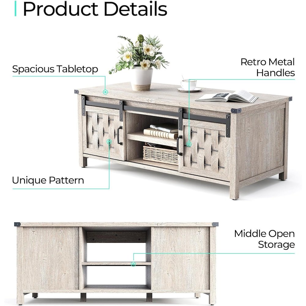47.24" Farmhouse Coffee Table with Storage & Sliding Barn Doors,Light Gray