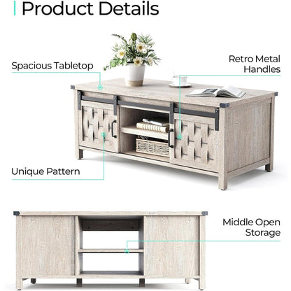 47.24" Farmhouse Coffee Table with Storage & Sliding Barn Doors,Light Gray
