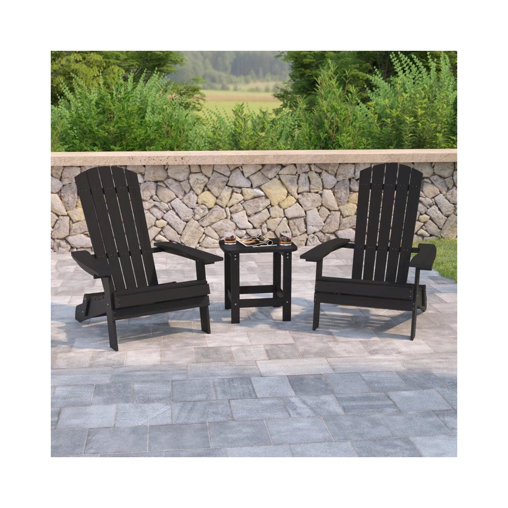 2 Pack All-Weather Poly Resin Folding Adirondack Chairs with Side Table in Black