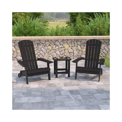 2 Pack All-Weather Poly Resin Folding Adirondack Chairs with Side Table in Black
