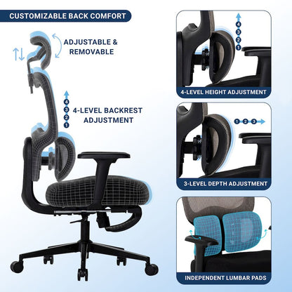 Office Chair with 9 Adjustable Points, Dual-Pad Lumbar Support, 3D Armrests