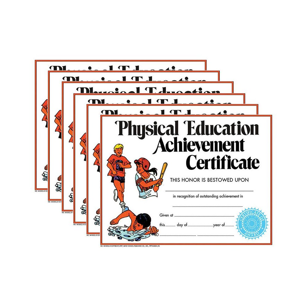 Physical Education Achievement Certificate, 8.5" x 11", 30 Per Pack, 6 Packs