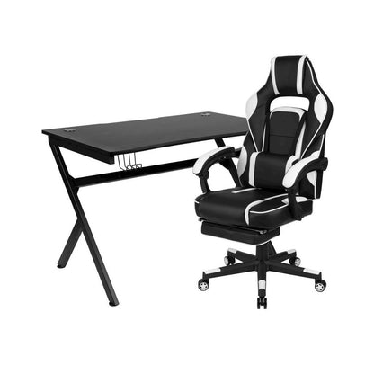 Gaming Desk with Cup Holder/Headphone Hook/Removable Mousepad Top & White Reclining Back/Arms Gaming Chair with Footrest