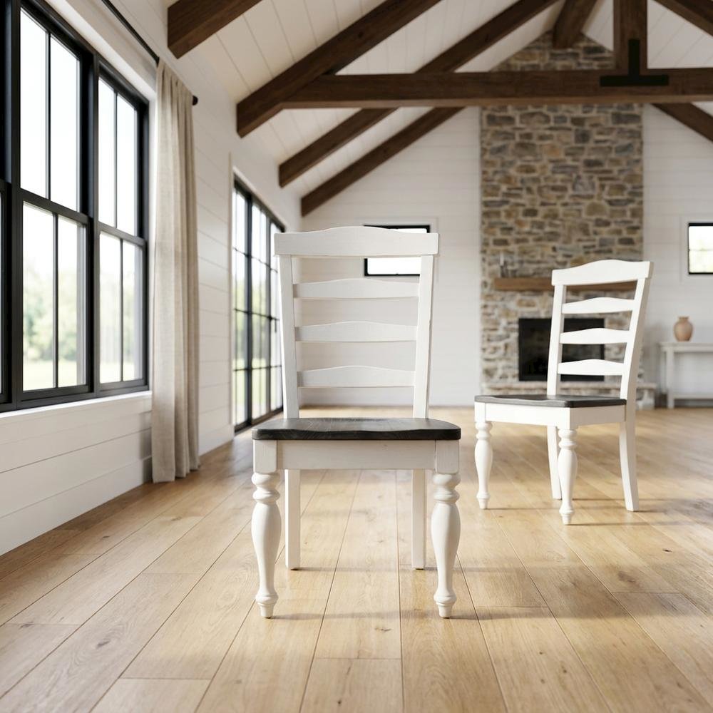 Dark Brown Ladderback Dining Chairs with Wood Seats, Farmhouse Style, Set of 2