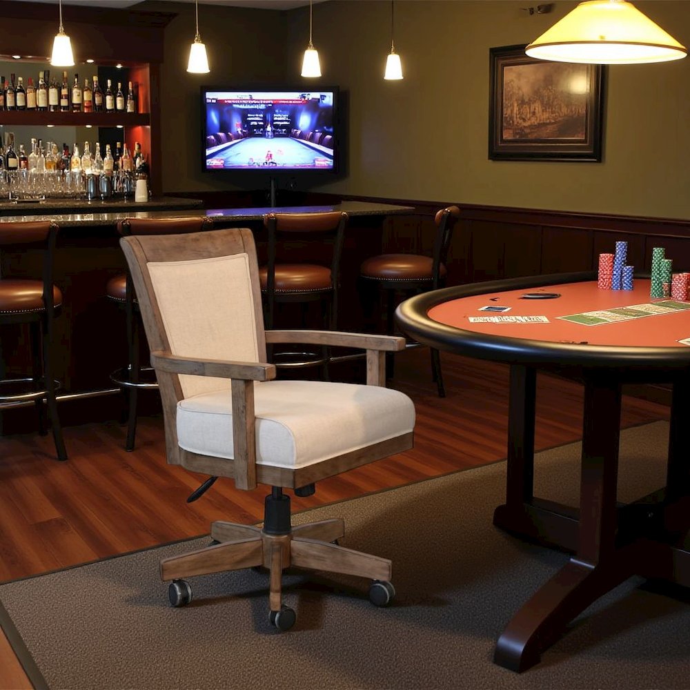 Beige Solid Wood Game Chair with Casters, Cushion Seat for Poker Table Chairs