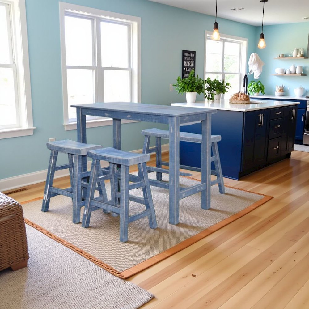 Ocean Blue Solid Wood Counter Stool, Saddle Seat Stool for Kitchen Counter