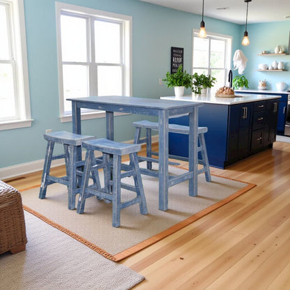 Ocean Blue Solid Wood Counter Stool, Saddle Seat Stool for Kitchen Counter