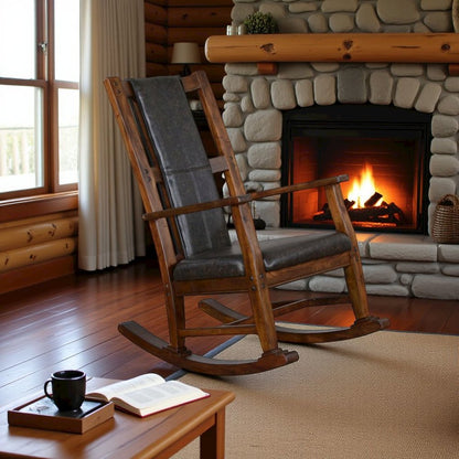 Solid Wood Rocking Chair with Cushion Seat & Back, Antique Charcoal Finish