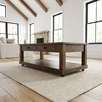 Dark Brown Coffee Table with Casters for Easy Mobility and Traditional Style