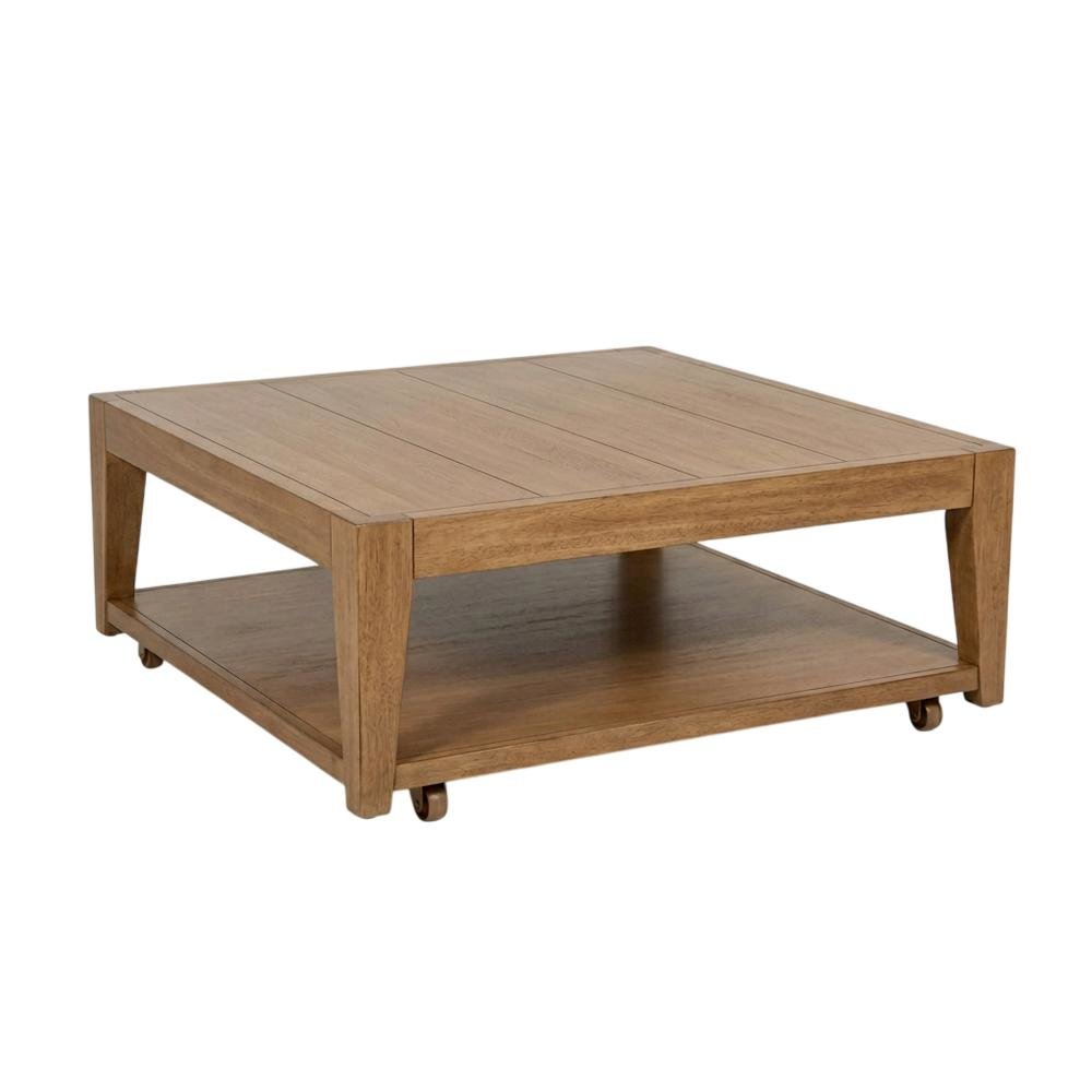 Light Brown Mahogany Wood Coffee Table with Casters for Living Room