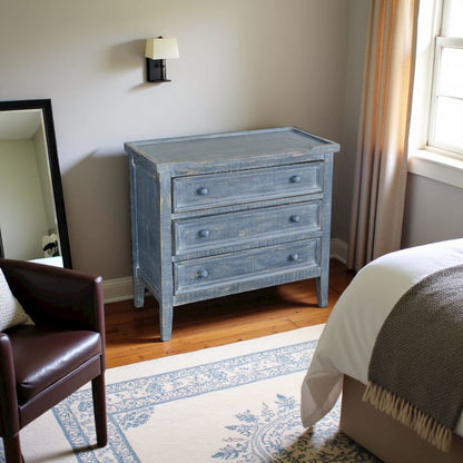 Blue Solid Wood Farmhouse End Table, Nightstand with 3 Drawers for Storage