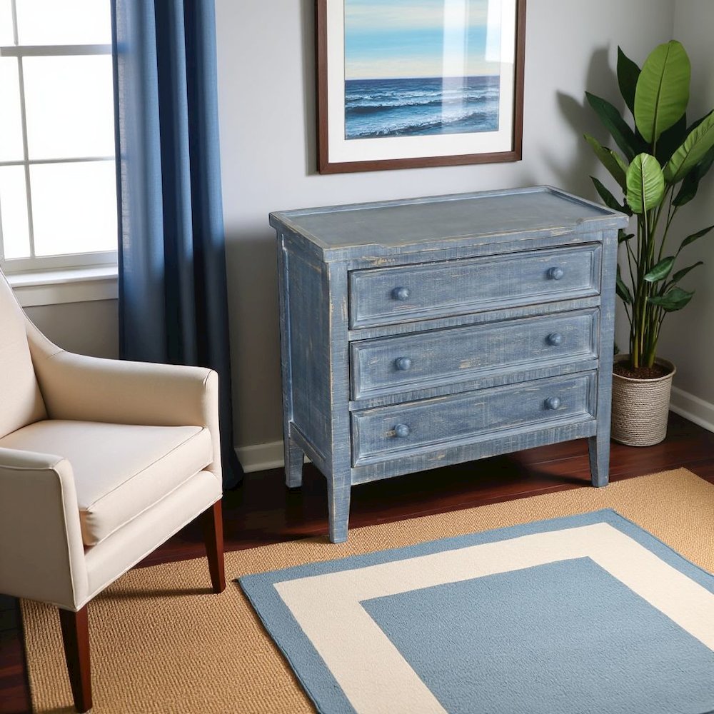 Blue Solid Wood Farmhouse End Table, Nightstand with 3 Drawers for Storage