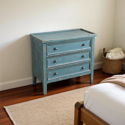 Green Solid Wood Farmhouse End Table with Storage, 3-Drawer Nightstand