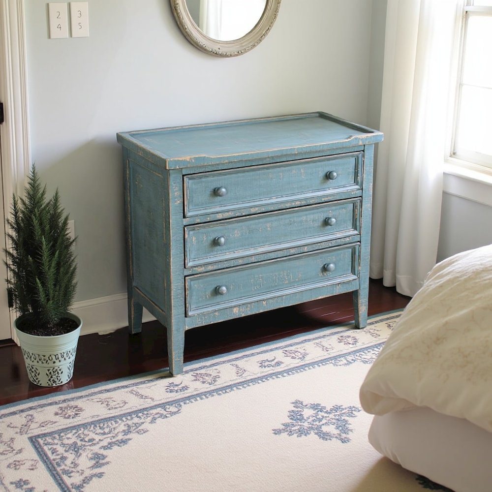 Green Solid Wood Farmhouse End Table with Storage, 3-Drawer Nightstand
