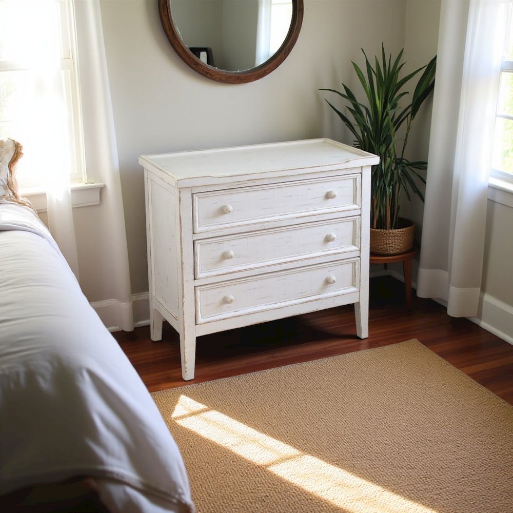 White Solid Wood Nightstand with Drawers, Farmhouse End Table with Storage