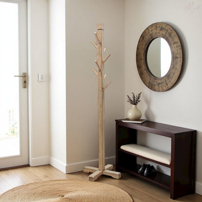 Beige Solid Wood Coat Rack Freestanding, 8-Prong Coat Tree with Hooks