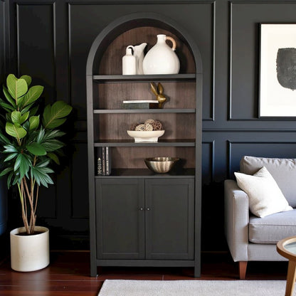 Black Solid Wood Arched Cabinet with Doors, Hutch Cabinet with Storage