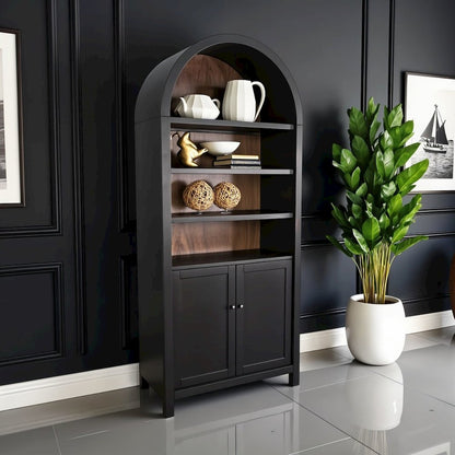 Black Solid Wood Arched Cabinet with Doors, Hutch Cabinet with Storage