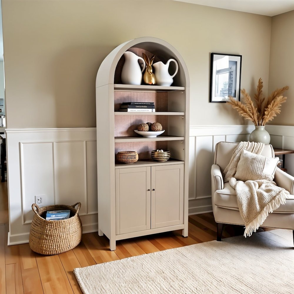 Gray Solid Wood Arched Cabinet with Doors, Hutch Cabinet with Storage