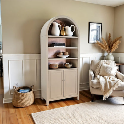 Gray Solid Wood Arched Cabinet with Doors, Hutch Cabinet with Storage