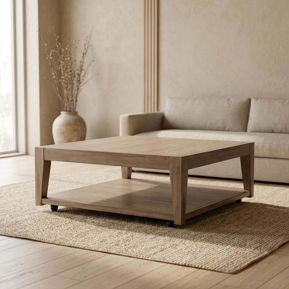 Light Brown Mahogany Wood Coffee Table with Casters for Living Room