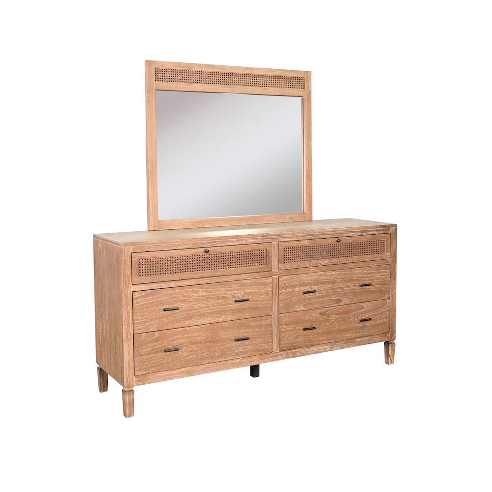 Natural Wood 6-Drawer Rattan Dresser with Mirror