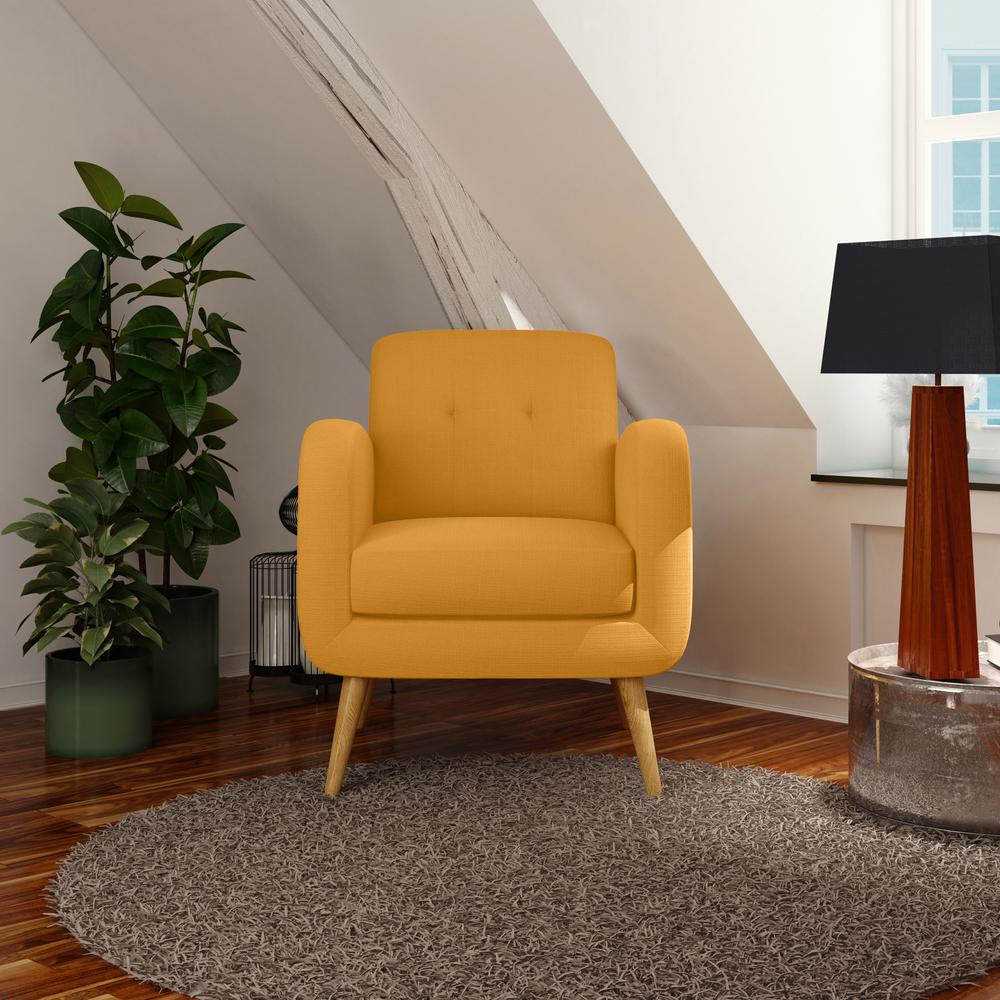 Armchair in Mustard Yellow Linen with Natural Legs