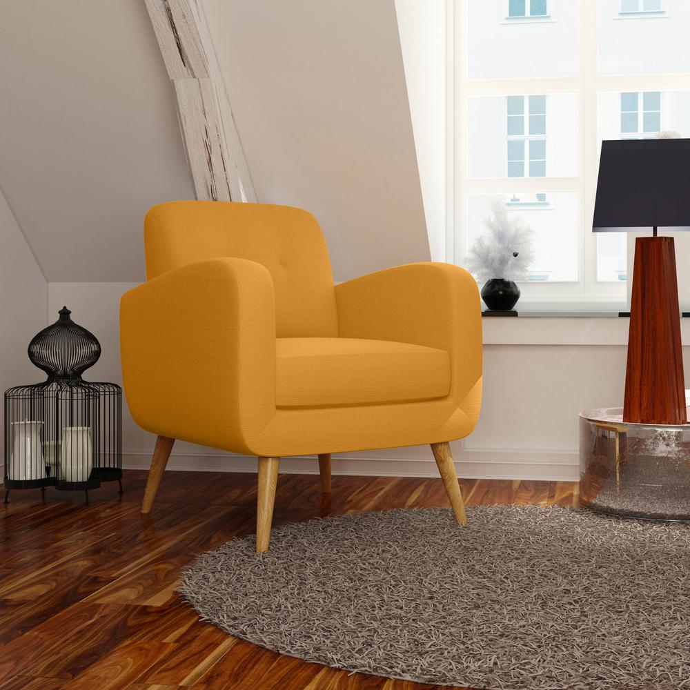 Armchair in Mustard Yellow Linen with Natural Legs