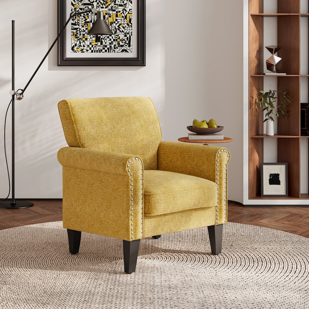 Jean Rolled Arm Chair with Nailheads in Gold Chenille