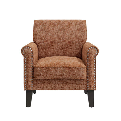 Jean Rolled Arm Chair with Nailheads in Orange Chenille