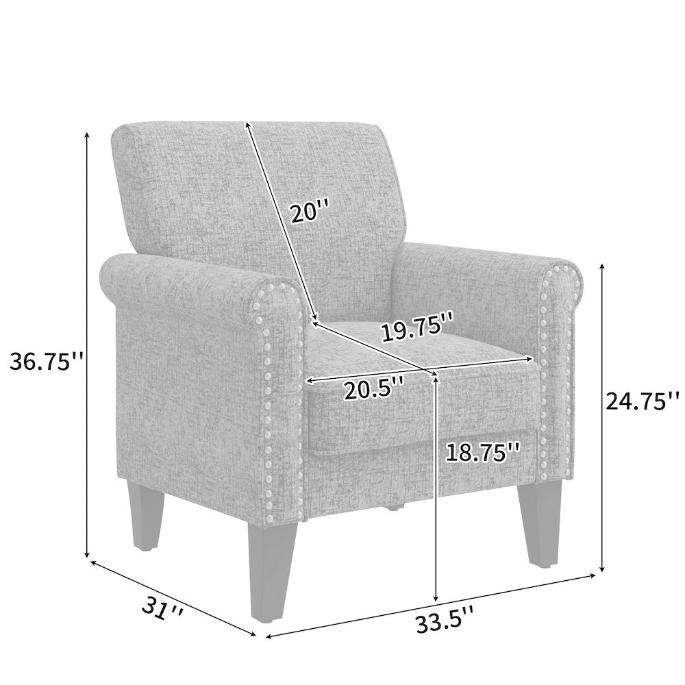 Jean Rolled Arm Chair with Nailheads in Orange Chenille