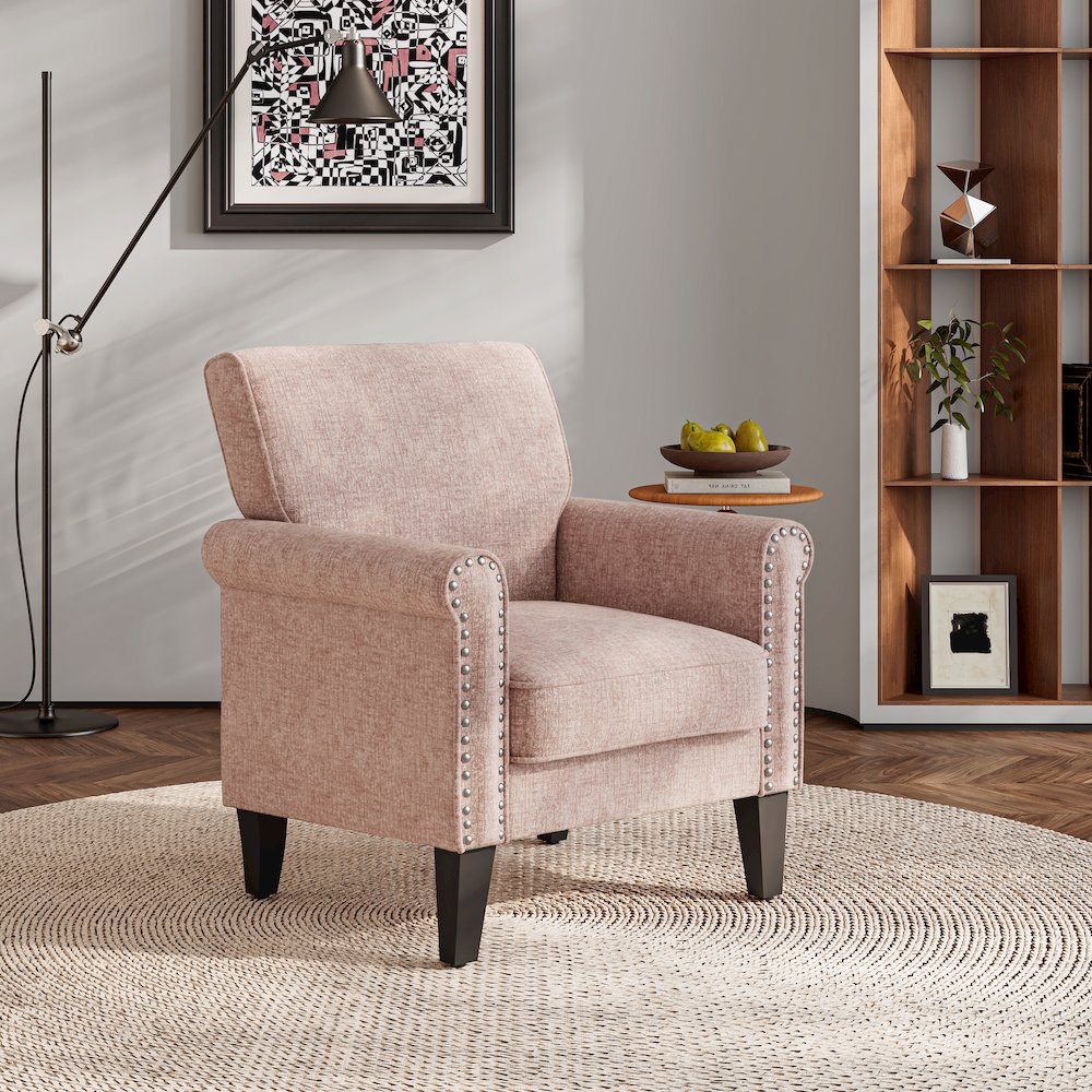 Jean Rolled Arm Chair with Nailheads in Pink Chenille
