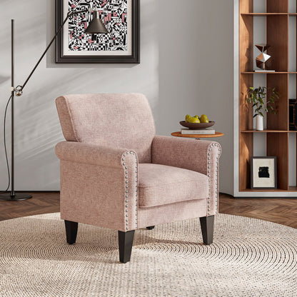 Jean Rolled Arm Chair with Nailheads in Pink Chenille