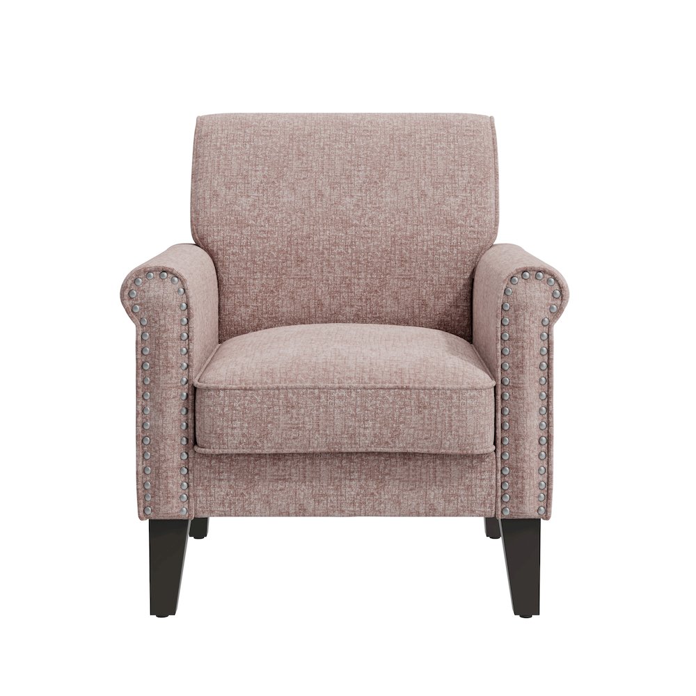 Jean Rolled Arm Chair with Nailheads in Pink Chenille