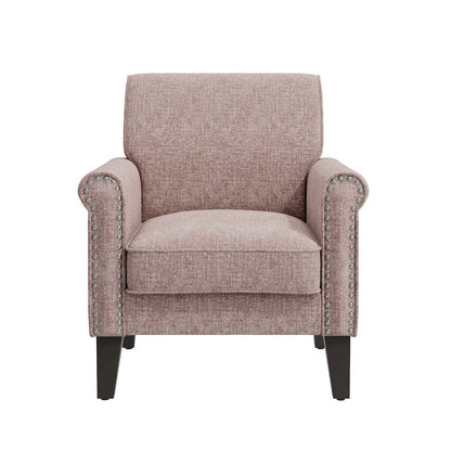Jean Rolled Arm Chair with Nailheads in Pink Chenille