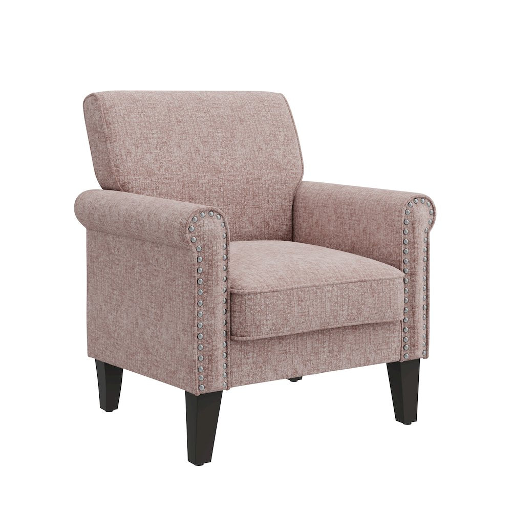 Jean Rolled Arm Chair with Nailheads in Pink Chenille