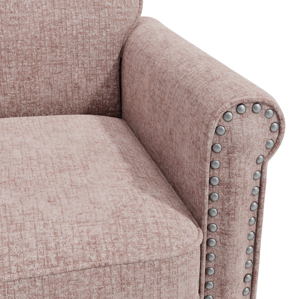 Jean Rolled Arm Chair with Nailheads in Pink Chenille