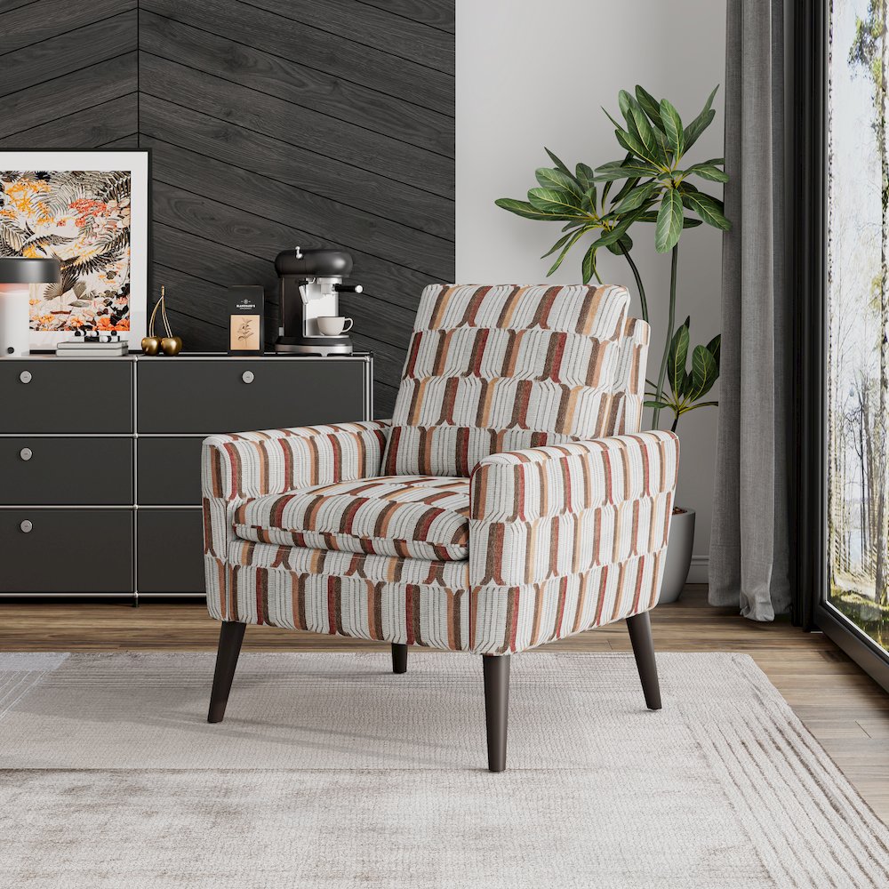 Mid-Century Modern Armchair in Tan, Cream and Red Stripe