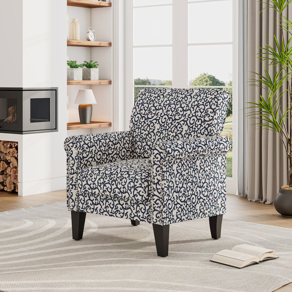 Jean Rolled Arm Chair with Nailheads in Black Curly Vine