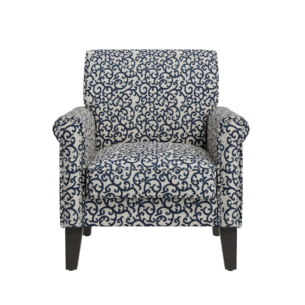 Jean Rolled Arm Chair with Nailheads in Black Curly Vine