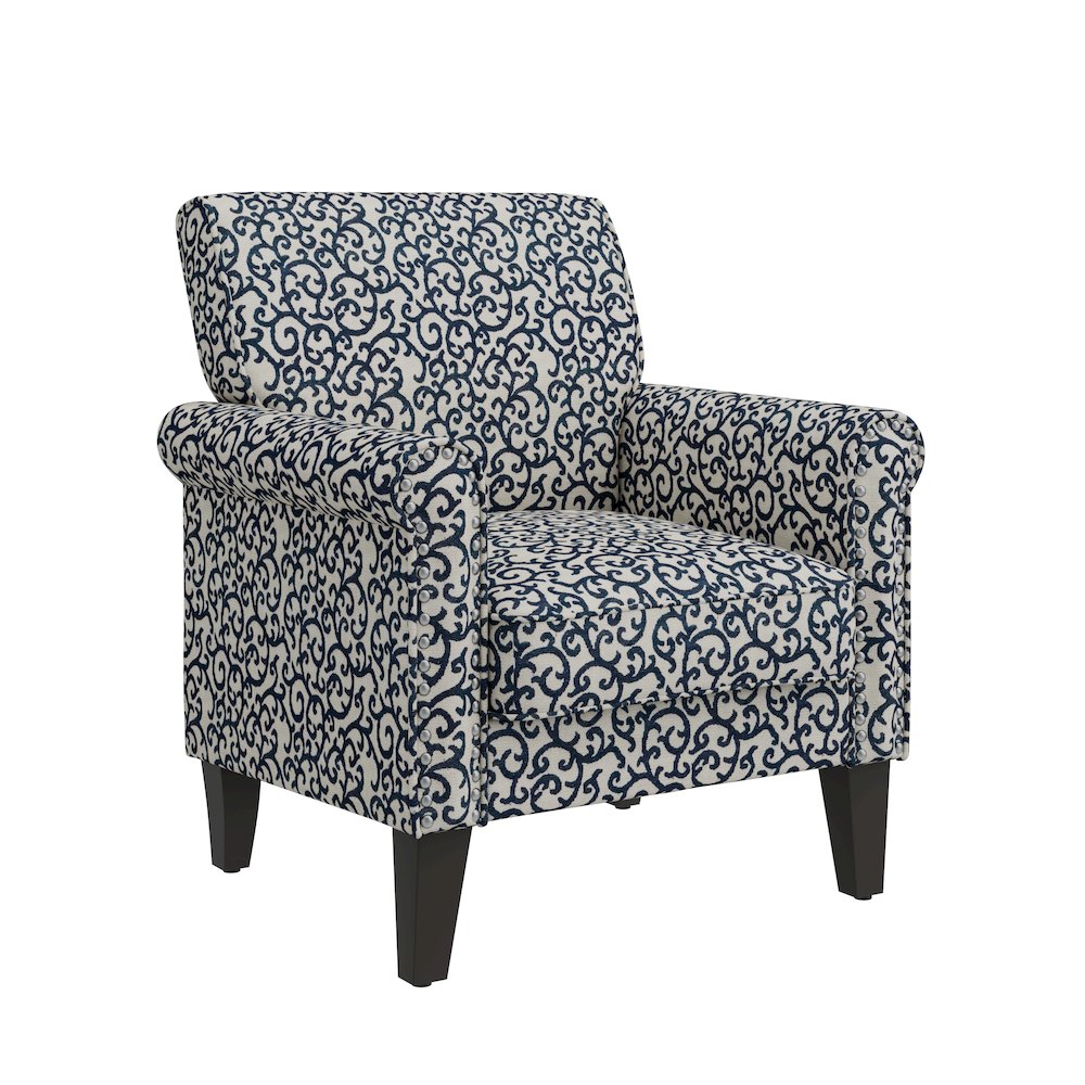 Jean Rolled Arm Chair with Nailheads in Black Curly Vine