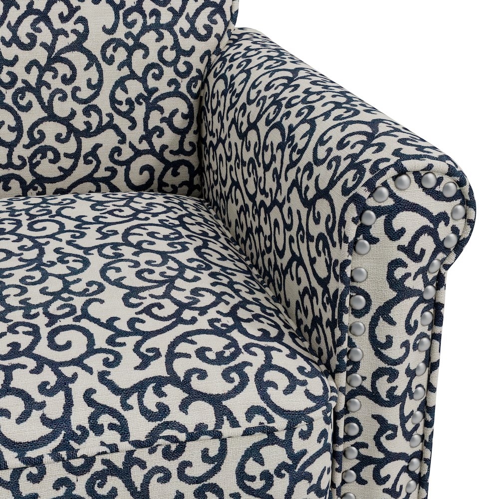 Jean Rolled Arm Chair with Nailheads in Black Curly Vine