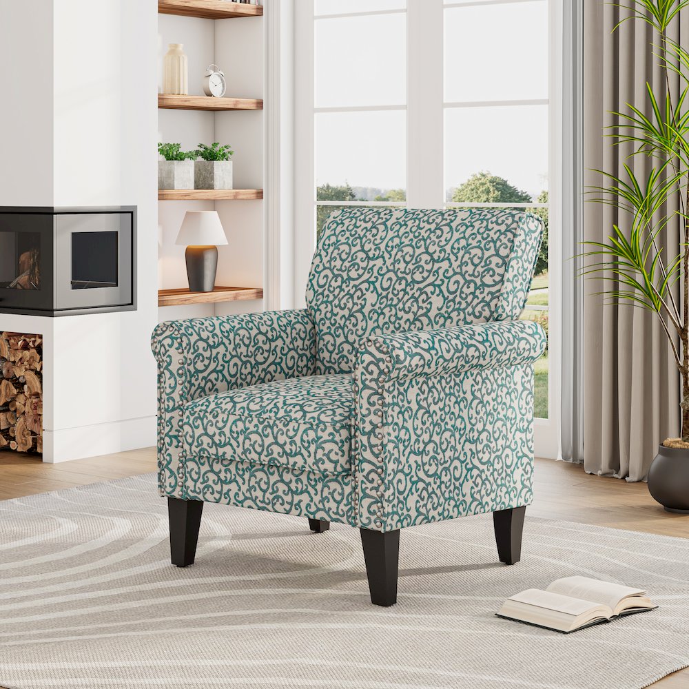 Jean Rolled Arm Chair with Nailheads in Blue Curly Vine